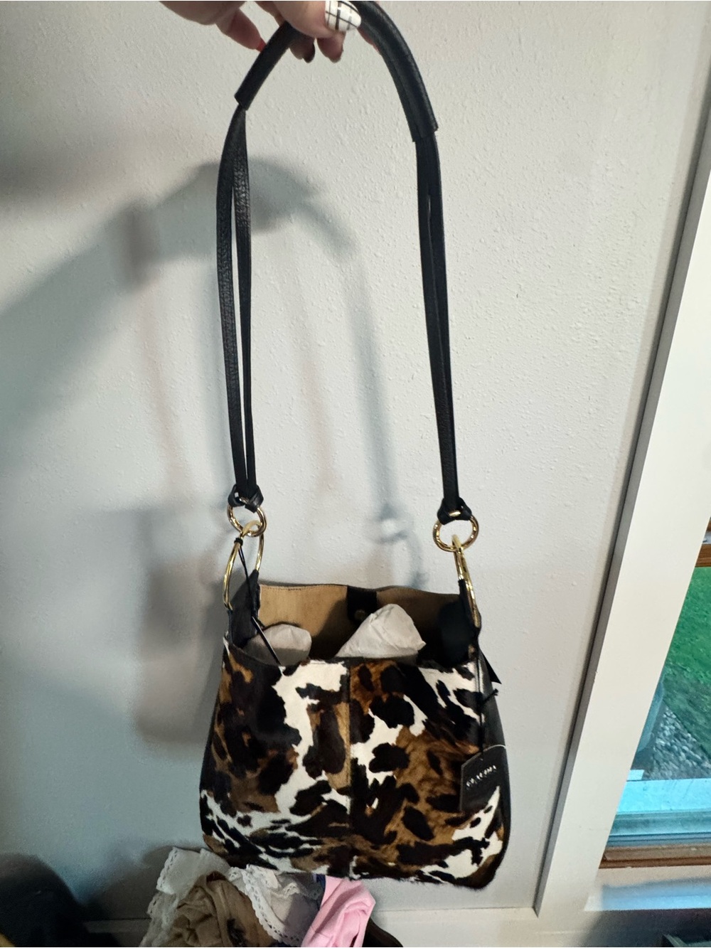 Leopard Print Shoulder Bag with Black Strap and Gold Hardware